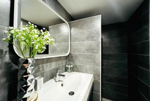 une salle de bain avec un lavabo blanc et un miroir dans l'établissement La loge romaine - centre ville - clim, à Nîmes