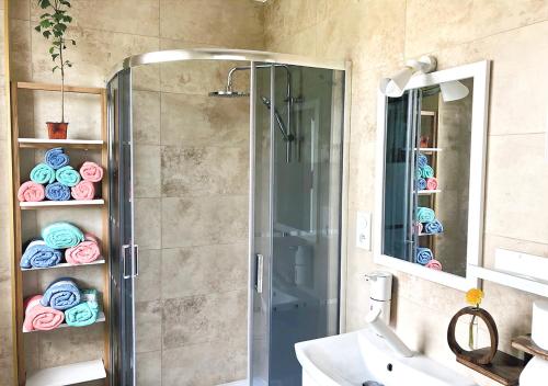 un bagno con doccia, lavandino e specchio di Nuka House - Teatr Natury z Jacuzzi a Łąka Prudnicka