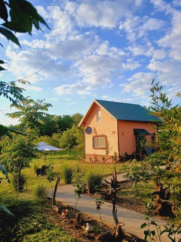 a small house with a blue roof in a field at Sunny Side Fruska Gora - veliko imanje sa kucom za odmor in Velika Remeta