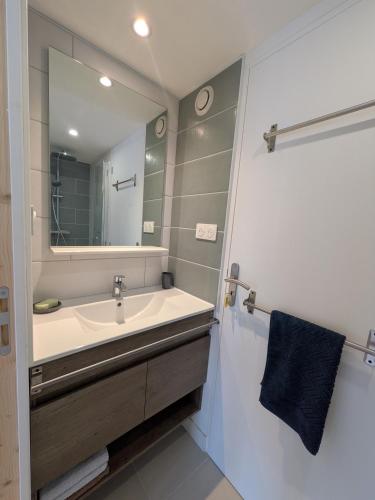 une salle de bain avec un lavabo et un grand miroir dans l'établissement Cyprès des cigales - Duplex meublé de tourisme, à Saint-Georges-dʼOrques