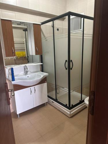 a bathroom with a shower and a sink at Balcony , Pool, In Nature in Istanbul