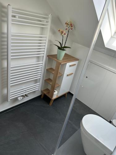 a bathroom with a toilet and a plant on a shelf at Ferienwohnung Stefanie in Hagnau