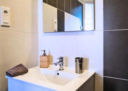 a bathroom with a sink and a mirror at Appartement - Terrasse privée, animaux acceptés, parking gratuit, accueil vélo in Saint-Omer