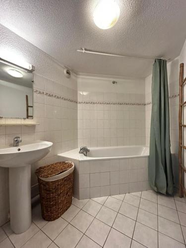 une salle de bain avec un lavabo et une baignoire et un lavabo dans l'établissement Le Saint-Pierre, spacieux en hypercentre, à Limoges
