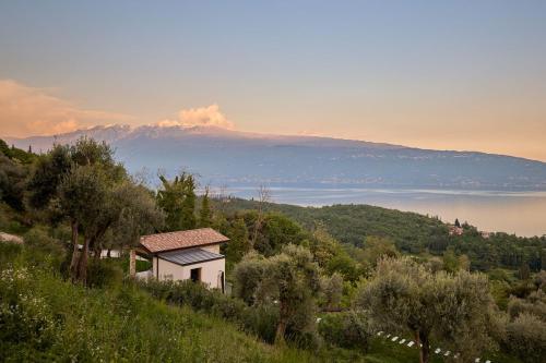 a small house on the side of a hill with trees at Colago Private Villas Lake Garda in Toscolano Maderno