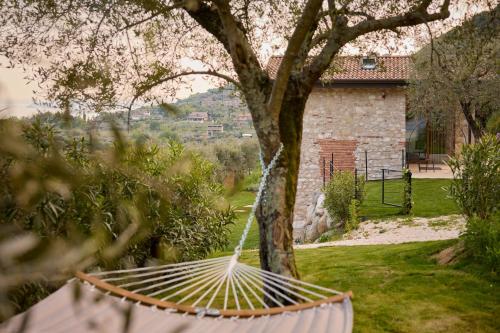 a hammock hanging from a tree in a yard at Colago Private Villas Lake Garda in Toscolano Maderno