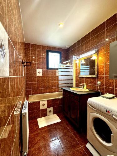 une salle de bain avec un lavabo et une machine à laver dans l'établissement Maison familiale Vintage à Meaux, à Meaux
