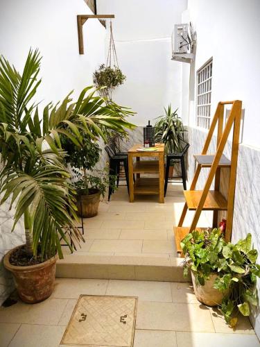a patio with plants and a table and a chair at La Maison des Couleurs in Dakar