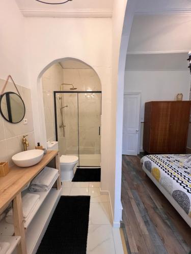 La salle de bains est pourvue d'un lavabo, de toilettes et d'une douche. dans l'établissement Maison Gabriel, à Lamastre