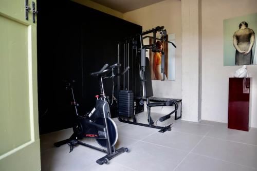 ein Raum mit einem Fitnessstudio mit Laufband und Heimtrainer in der Unterkunft Villa Eleonora Italia in Mornico Losana