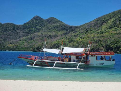 a boat sitting in the water on a beach at mama hostel Bed & Breakfast in El Nido