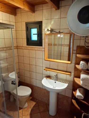 a bathroom with a sink and a toilet and a mirror at La casa di Kapo in Syvota