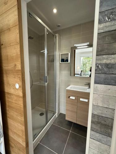 une salle de bain avec douche et lavabo dans l'établissement Maison Années 30 - Terrasse - Parking gratuit - Proche CV, à Quimper