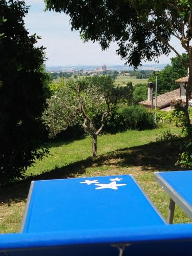 a blue ping pong table with a view of a field at All'Ombra di San Damiano in Assisi