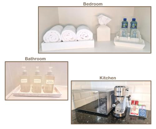two pictures of a kitchen with bottles of water and a coffee maker at Quiet & Relaxing Home in Frankfield in Cork