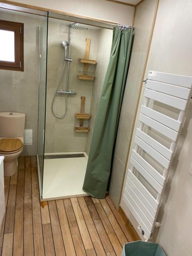 une douche avec une porte vitrée dans une salle de bain dans l'établissement T2 bala, à Porto-Vecchio