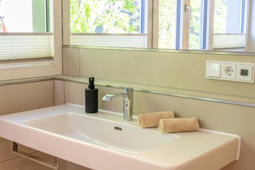 a bathroom sink with a soap dispenser and a mirror at Ostseedomizil "Ankerbuk", Ferienhaus Silberreiher in Born