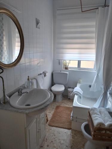 a bathroom with a sink and a toilet and a mirror at Casa Pascual in San Mamede de Carnota