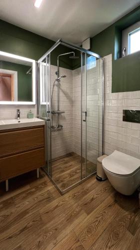 a bathroom with a shower and a toilet and a sink at Mulberynas in Stakliškės