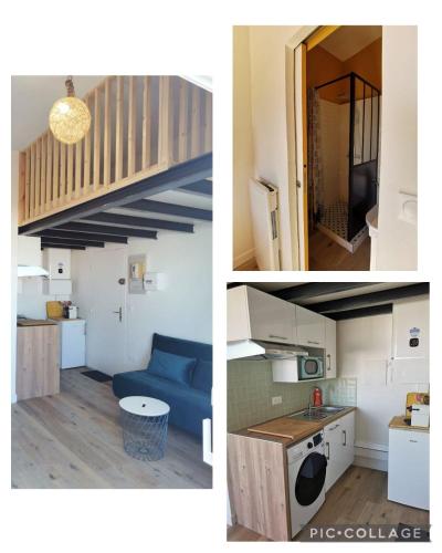 deux photos d'une cuisine et d'un salon avec un canapé bleu dans l'établissement Horizon Marin, à Sète