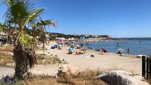 Une plage avec beaucoup de gens dans l'établissement Horizon Marin, à Sète