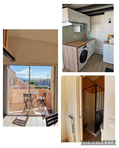 un collage de trois photos d'une cuisine et d'une pièce dans l'établissement Horizon Marin, à Sète