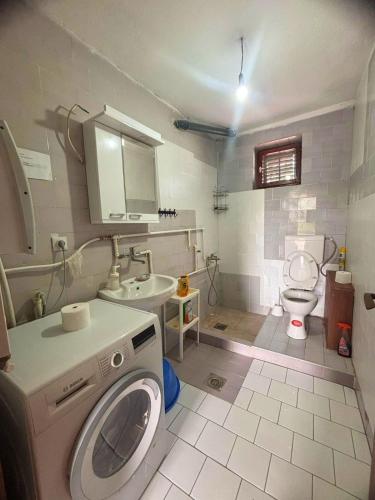 a bathroom with a washing machine and a sink at Hostel Drenak in Gornje Rataje