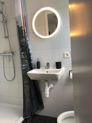 a bathroom with a sink and a mirror and a toilet at The Getaway Delft City Centre R4 in Delft