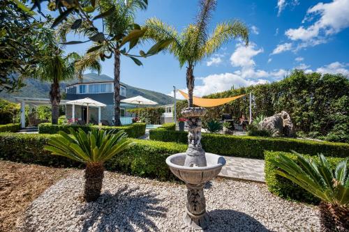 a fountain in a garden with palm trees and a building at Moresca Exclusive Villa - Pool & Spa in Castellammare del Golfo