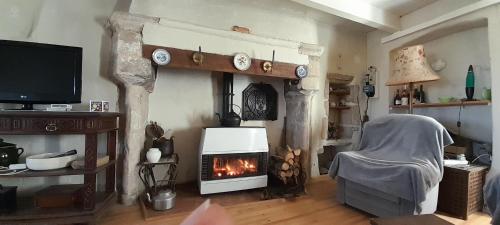 - un salon avec une cheminée et une chaise dans l'établissement Sympathique maison de village, à Les Rives