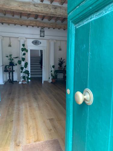 a green door in a room with a wooden floor at La Meridiana in Vicopisano