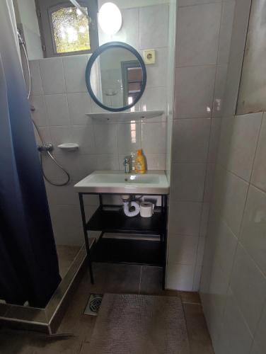 a bathroom with a sink and a mirror at Deák Szobák in Nagykőrös