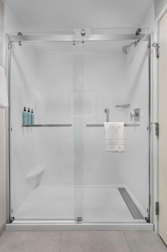 a shower with a glass door in a bathroom at Courtyard Louisville Airport in Louisville