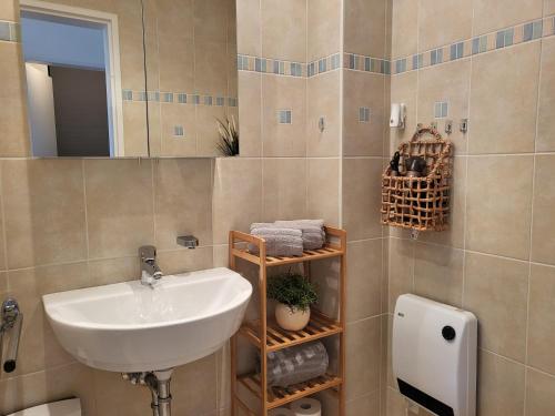 un bagno con lavandino e specchio di DECK 7 a Sankt Peter-Ording