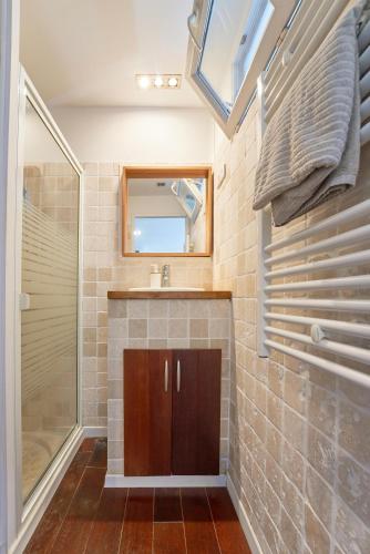 une salle de bain avec une douche, un lavabo et un miroir dans l'établissement Studio vue mer à Tamaris, à La Seyne-sur-Mer