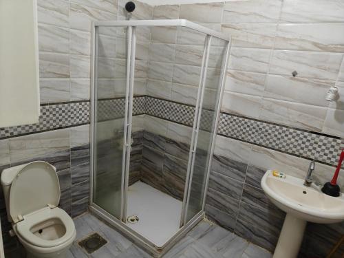 a shower in a bathroom with a toilet and a sink at Apartment in port Ghalib in Port Ghalib