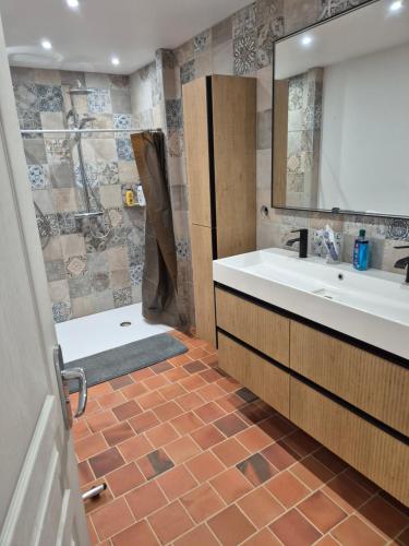 une salle de bain avec un lavabo et une douche dans l'établissement Gite de l usine CAVE AUMONT, à Roussay