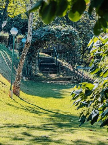 an archway in a park with stairs and a tree at Villa do Éden in Lindóia