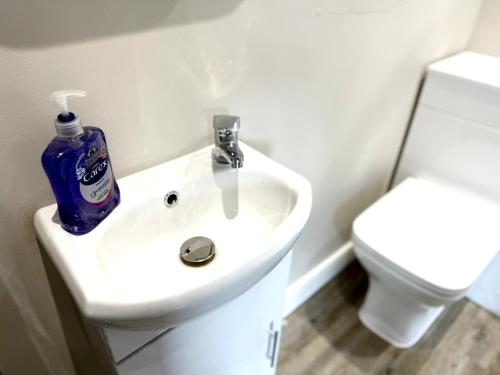 a bathroom with a white sink and a toilet at Brand New Lovely Flats by the Forest Tram Stop in Nottingham in Nottingham