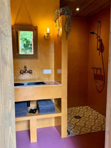 a bathroom with a sink and a shower at In de Aap - Appartementen & Guesthouse in Bergen