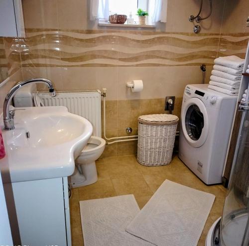a bathroom with a sink and a washing machine at Mario and Maria in Vodnjan
