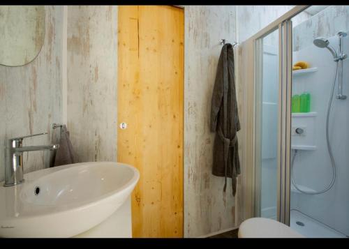 a bathroom with a sink and a toilet and a shower at Agriturismo San Maurizio in Montecatini Val di Cecina