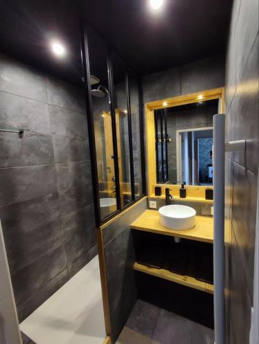 une salle de bain avec un lavabo et un miroir dans l'établissement Confort et tranquillité près du centre-ville, à Vitré