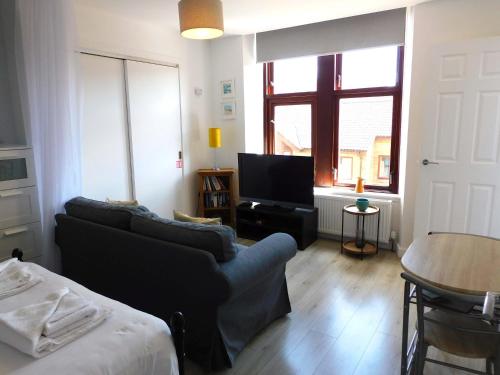 a living room with a couch and a tv at Modern bright studio apartment in south Glasgow in Glasgow