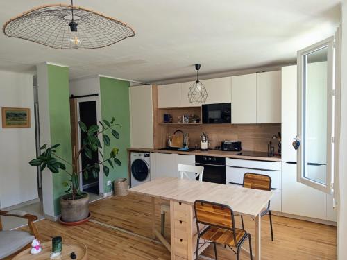 Appartement cozy au coeur d' Annecy في أنِسي: مطبخ مع طاولة وكراسي في الغرفة