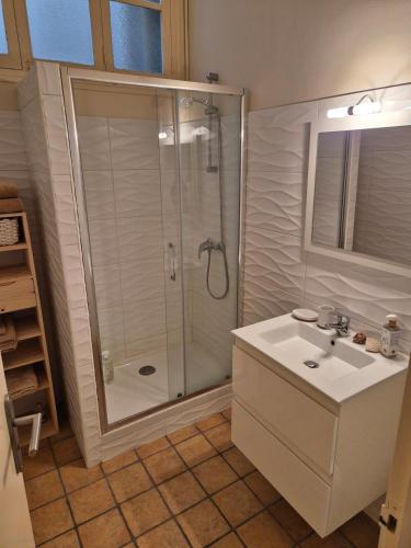 une salle de bain avec douche et lavabo dans l'établissement Appartement spacieux - 60 m2 - calme, à Perpignan