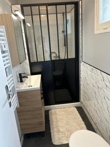 une salle de bain avec une douche, des toilettes et un lavabo dans l'établissement Jolie maison les pins et la mer pour 4 personnes, à Marennes