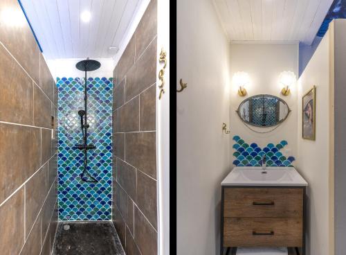 a bathroom with a shower and a sink at Logement féerique SPA & terrasse - proche Pézenas in Abeilhan