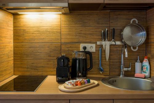 a kitchen counter with a coffee maker and a sink at Agneta Apartamentai in Druskininkai