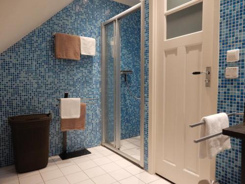 ein blau gefliestes Badezimmer mit Dusche und Glastür in der Unterkunft UNESCO de Beemster, vakantiewoning in Noordbeemster